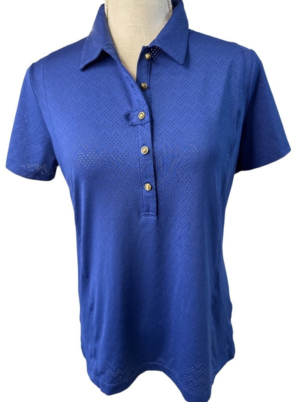 EP New York Womens Perforated Polo Shirt Blue Short Sleeve Button Front Size M